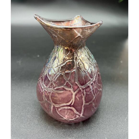 Read Studios 2000 Hand Blown Art Crinkle Glass Vase Plum Iridescent 4.25" signed - Picture 3 of 8